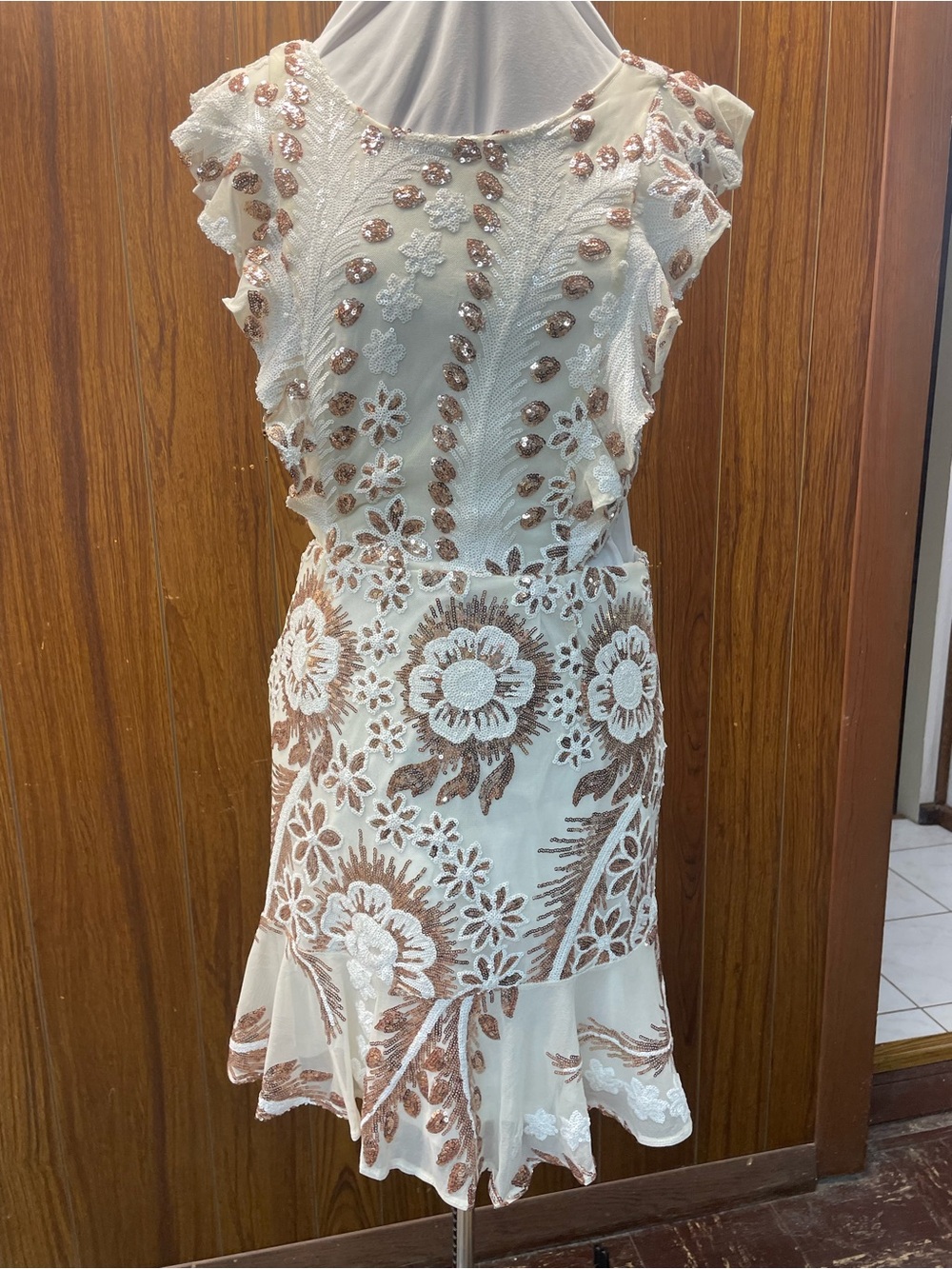 Ivory Midi Dress with Rose Gold Floral Sequin Embellishment